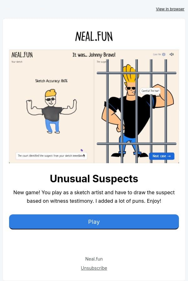 Unusual Suspects email from Neal.fun screenshot