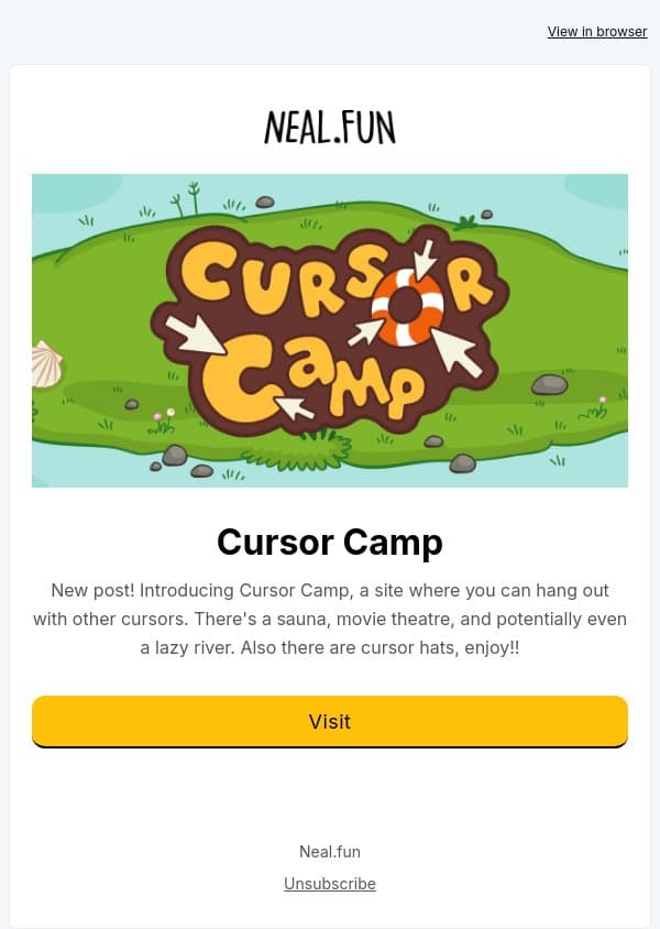 Cursor Camp 🏕️ email from Neal.fun screenshot