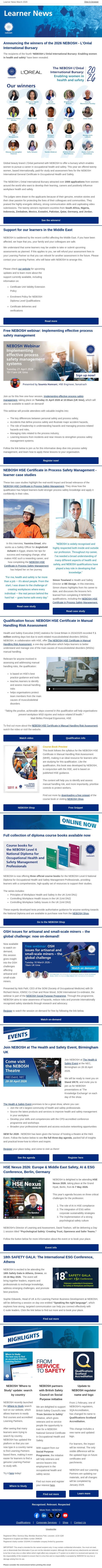 NEBOSH Learner News March 2026 email from NEBOSH screenshot