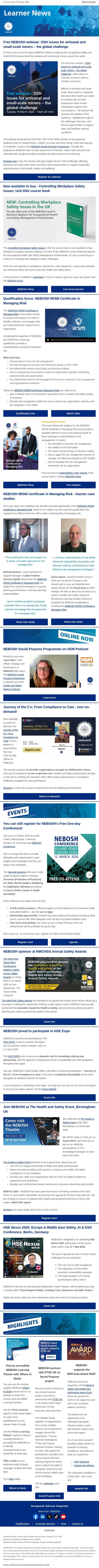 NEBOSH Learner News February 2026 email from NEBOSH screenshot