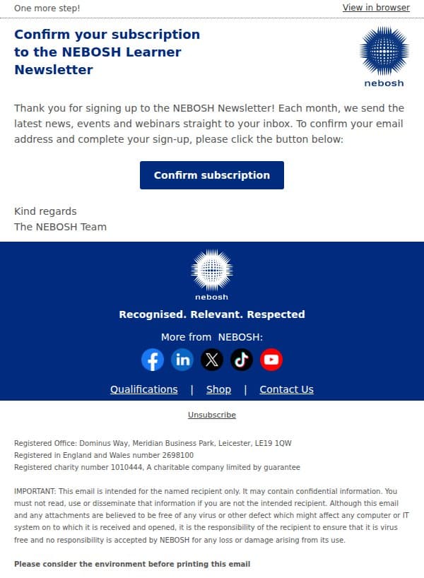 Confirm your subscription to NEBOSH Learner News email from NEBOSH screenshot