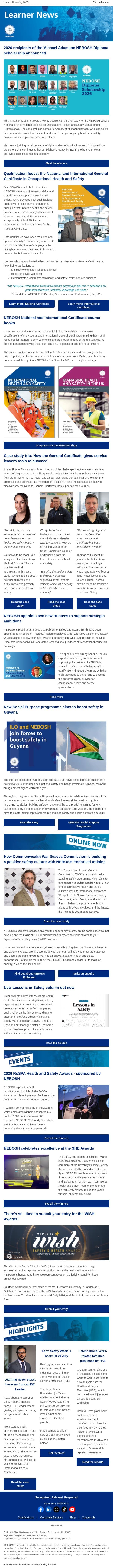 NEBOSH Learner News July 2026 email from NEBOSH screenshot
