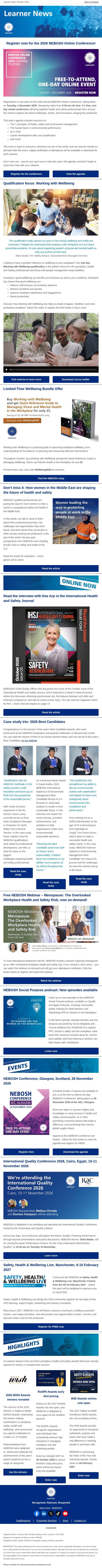 NEBOSH Learner News October 2026 email from NEBOSH screenshot