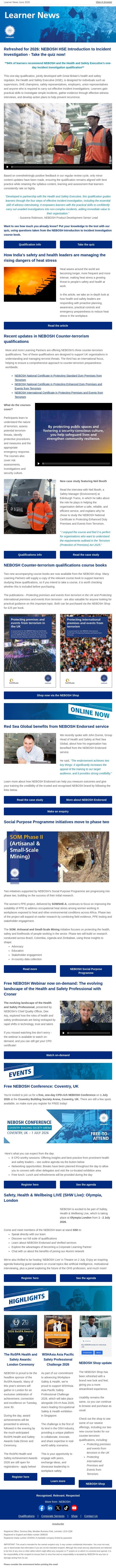 NEBOSH Learner News June 2026 email from NEBOSH screenshot
