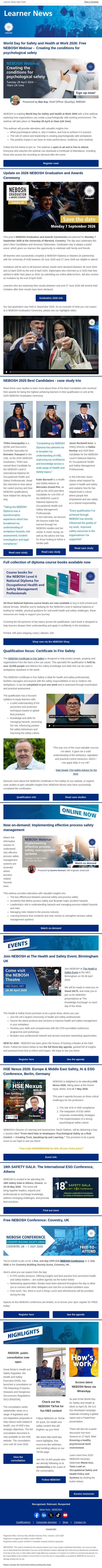 NEBOSH Learner News April 2026 email from NEBOSH screenshot