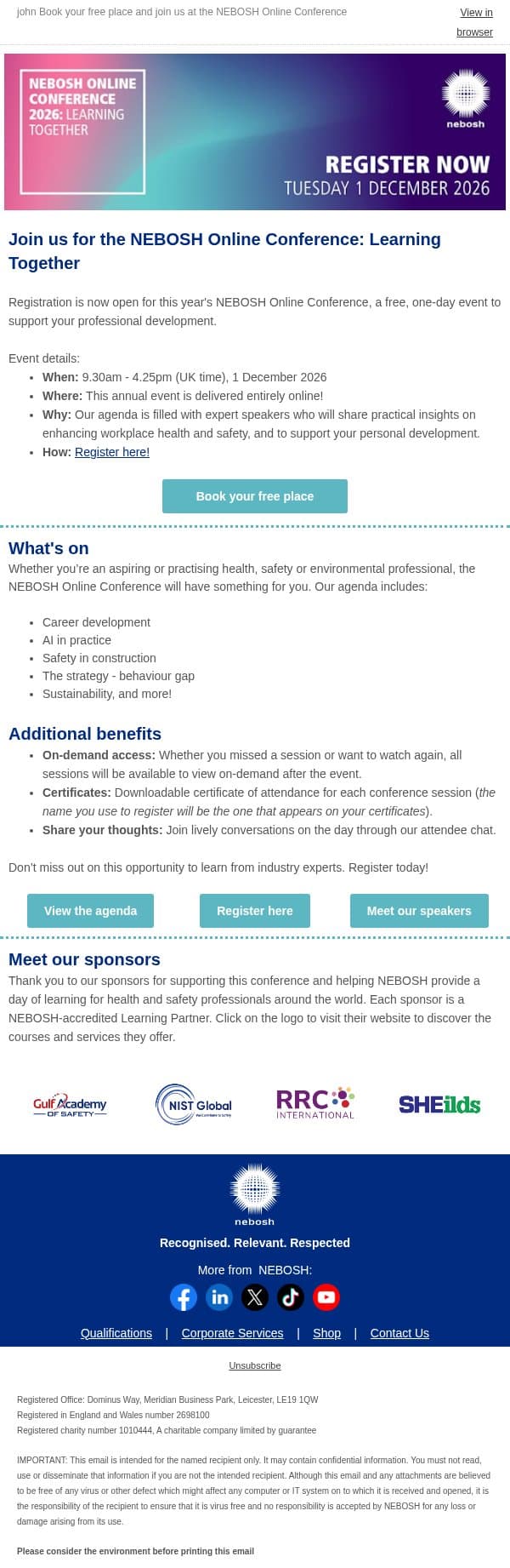 You're invited! The NEBOSH Online Conference is back for 2026 email from NEBOSH screenshot
