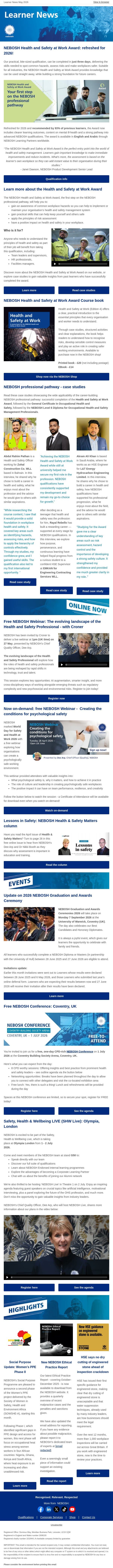NEBOSH Learner News May 2026 email from NEBOSH screenshot