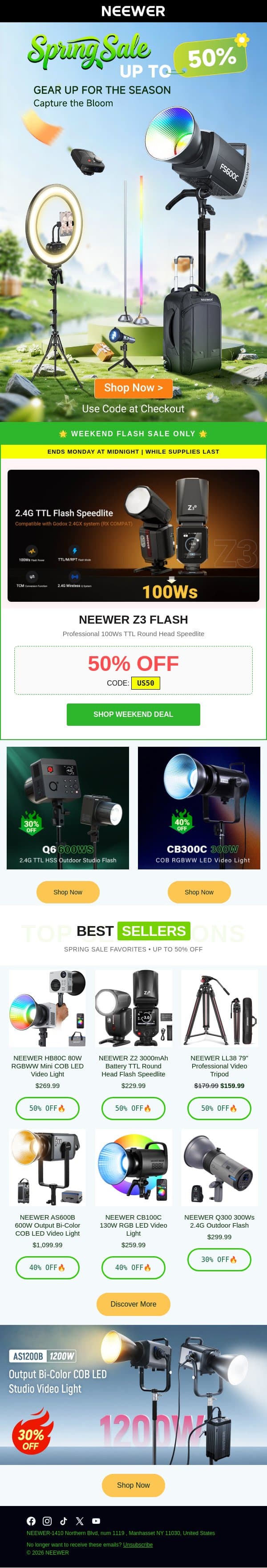 LIVE NOW: 🌷Spring Sale | Up to 50% OFF email from Neewer screenshot