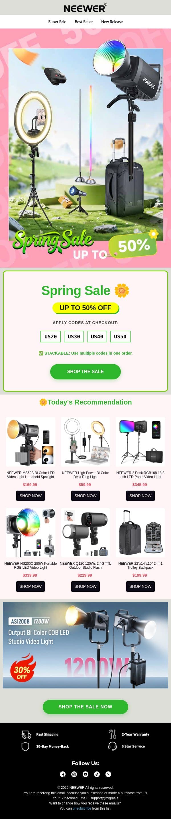 🌸 Your Spring Studio Upgrade: Up to 50% OFF + Extra Codes Inside email from Neewer screenshot