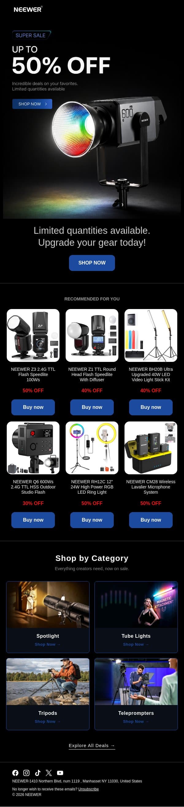 Why Pay Full Price for Your Creator Gear? email from Neewer screenshot