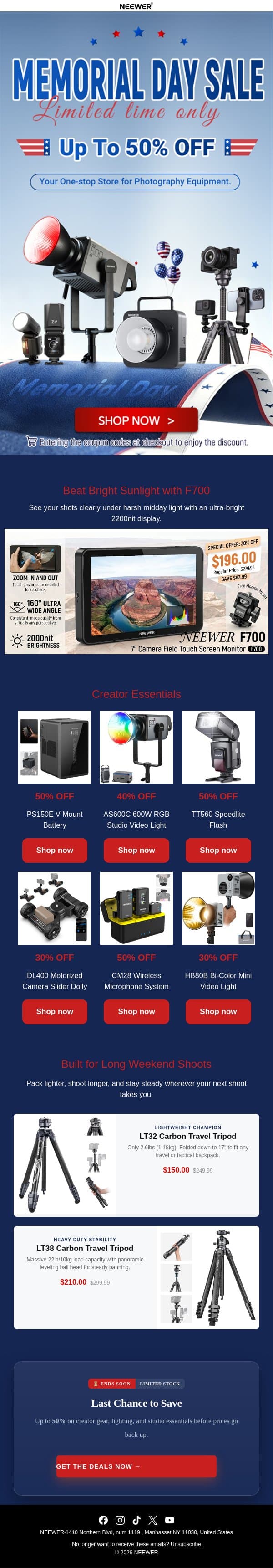 Up to 50% off — Shoot Better This Long Weekend email from Neewer screenshot