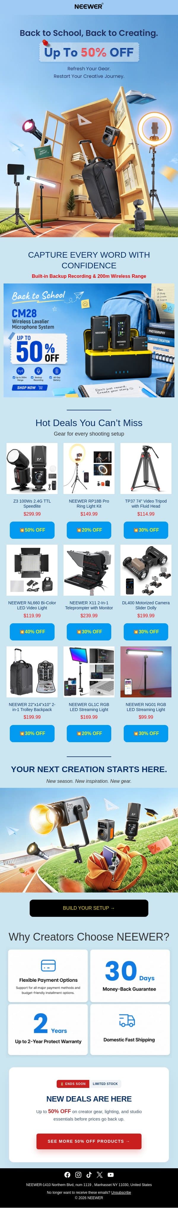 Half Price & More: Back to School Sale 🎒 email from Neewer screenshot