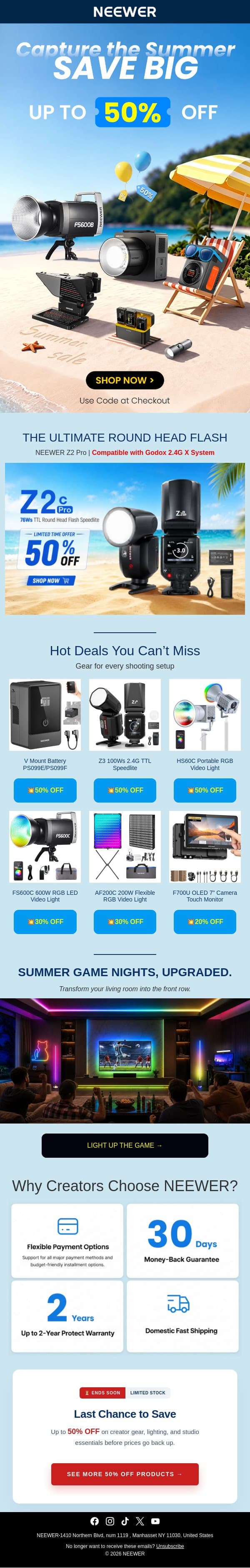 Up to 50% OFF — Summer Sale Is On email from Neewer screenshot