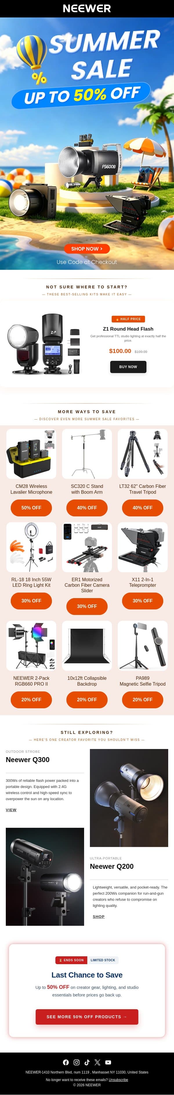 ⚡️ HALF PRICE: Save 50% on Z1 Round Head Flash & More email from Neewer screenshot