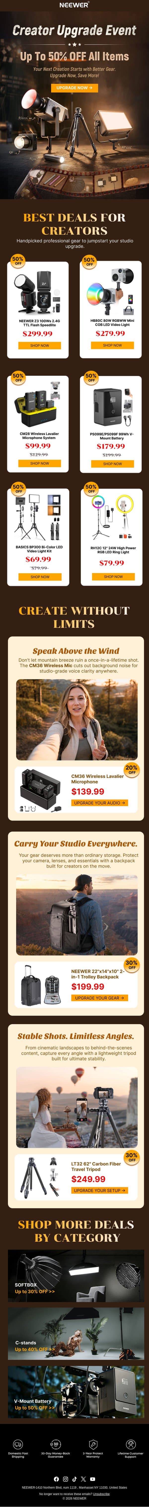 🎬 Creator Upgrade Starts Now — Up to 50% OFF email from Neewer screenshot