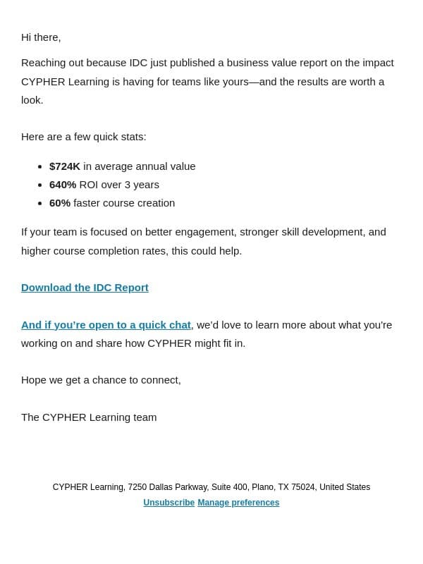 See how CYPHER LMS delivers 640% ROI on training email from Neo LMS screenshot