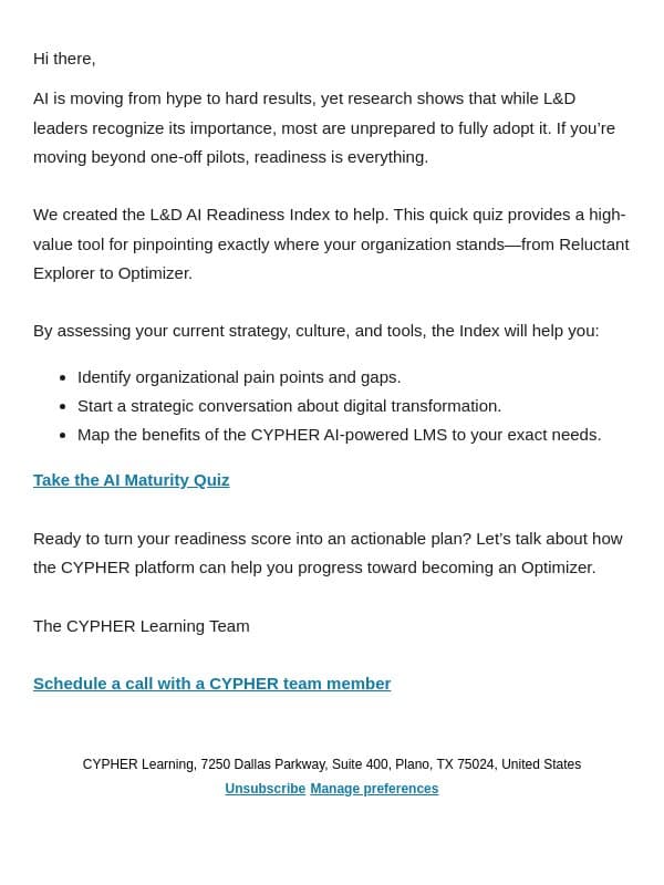 Is your L&D strategy AI-ready? email from Neo LMS screenshot