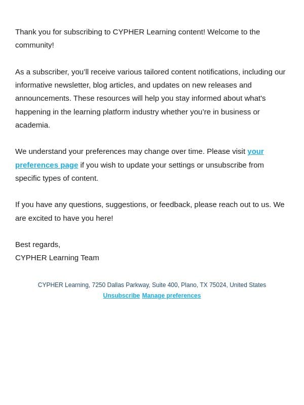 Welcome to CYPHER Learning email from Neo LMS screenshot