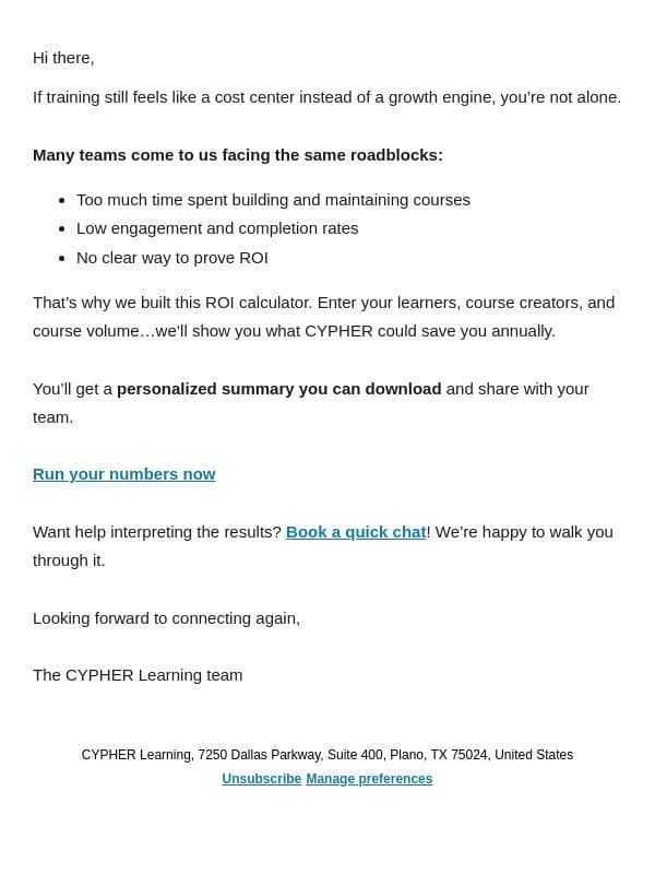 What would your ROI look like with CYPHER LMS? email from Neo LMS screenshot