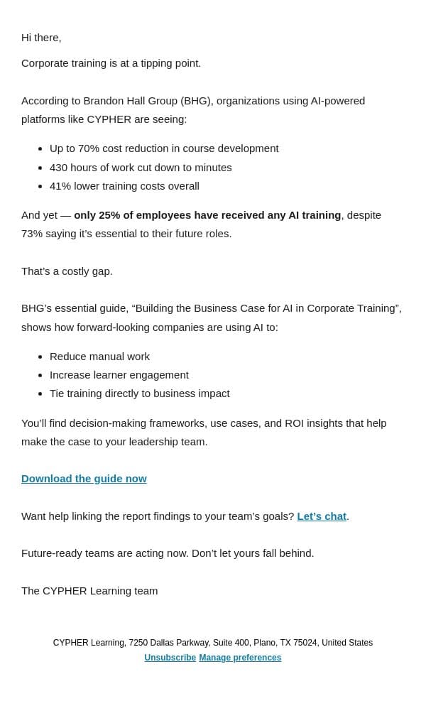 How top companies justify AI in L&D (BHG report) email from Neo LMS screenshot
