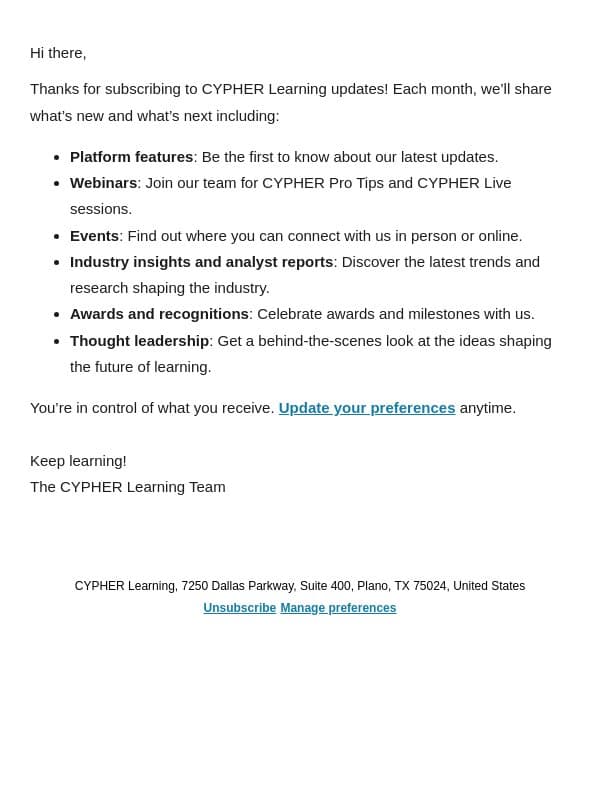 Thanks for subscribing to CYPHER Learning updates email from Neo LMS screenshot