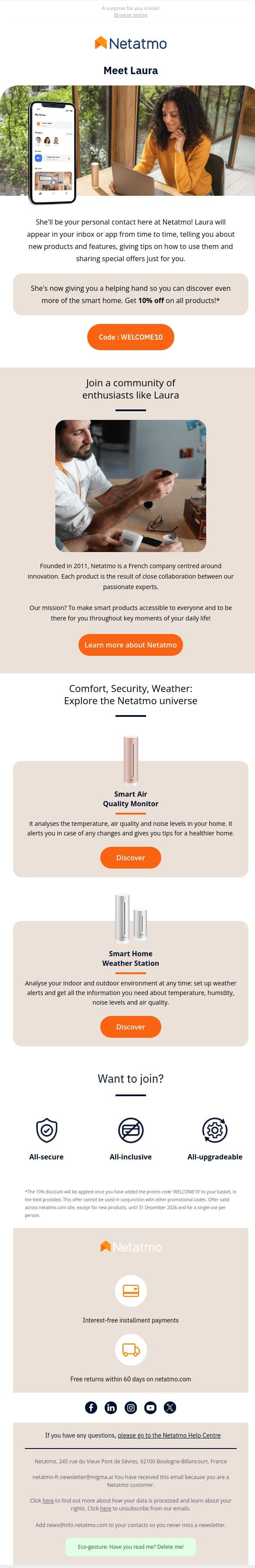 Welcome to the Netatmo community! email from Netatmo screenshot