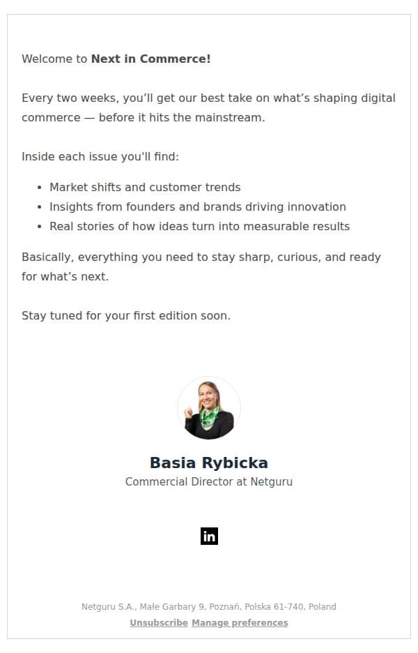 Thank you for subscribing to Next in Commerce email from Netguru screenshot