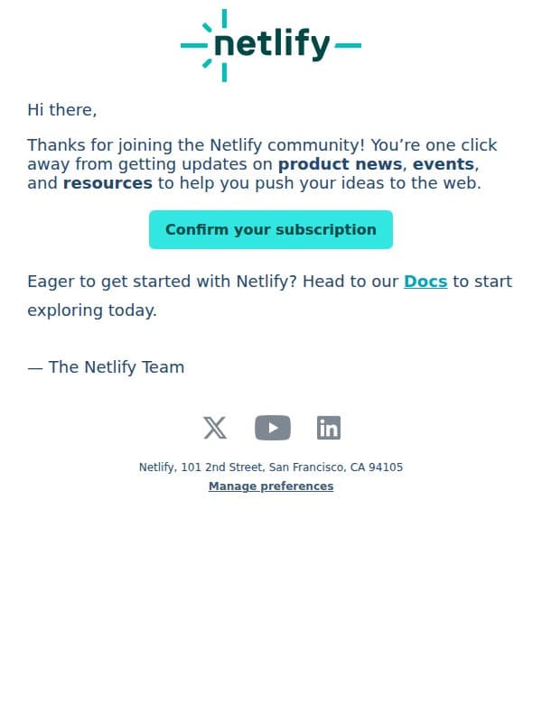 Welcome to the Netlify newsletter email from Netlify screenshot