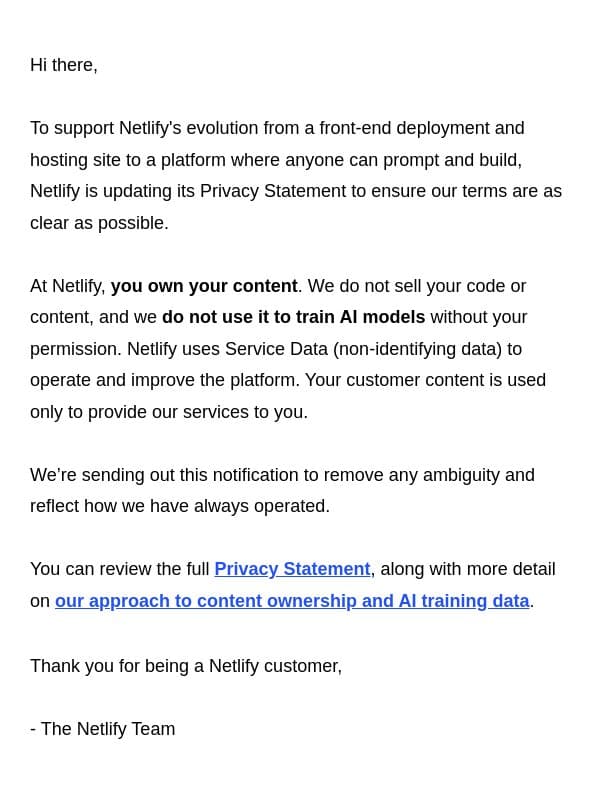 Updating Netlify’s privacy statement email from Netlify screenshot