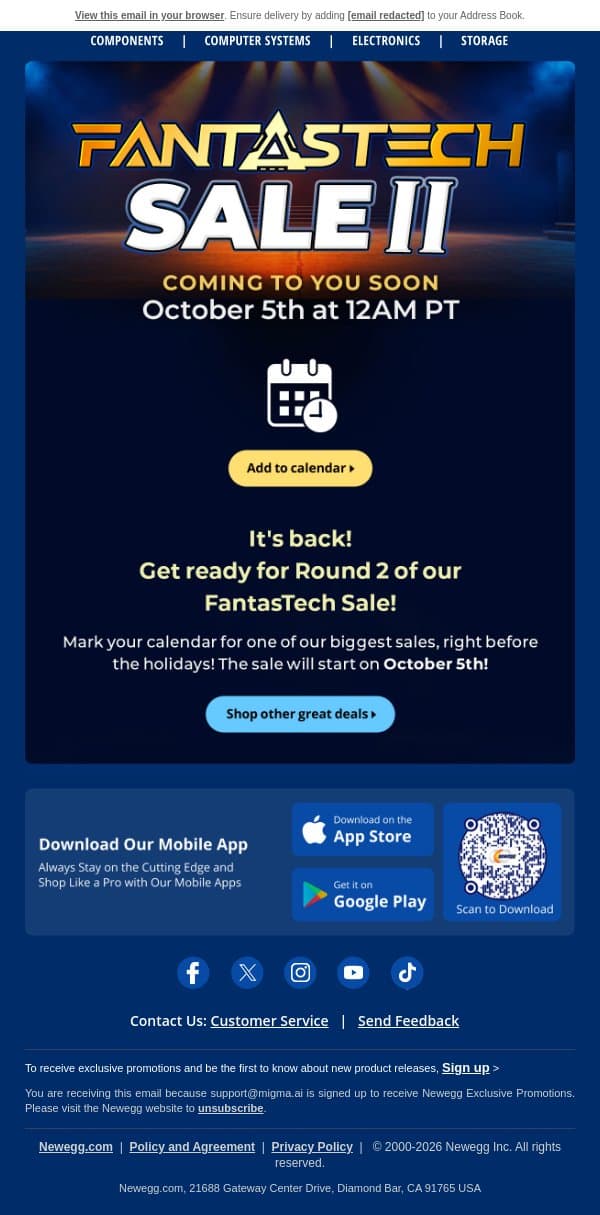 Get Ready for FantasTech! 🛒💻 email from Newegg screenshot