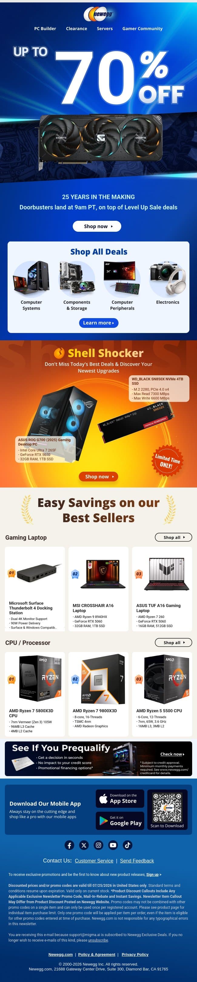 Up to 70% off: 25th Anniversary Doorbusters email from Newegg screenshot