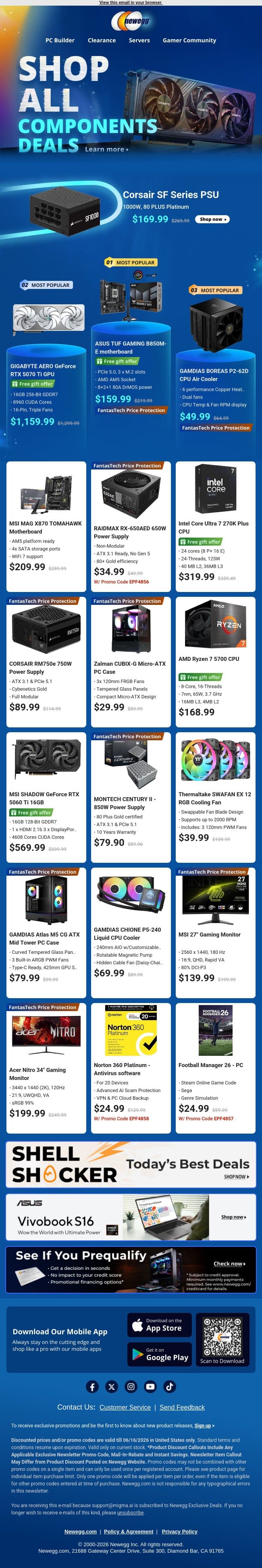 🔌 Power Supplies & AMD Motherboards Sale email from Newegg screenshot