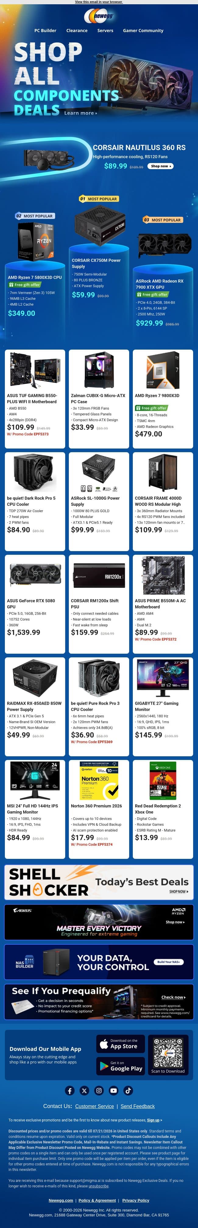 🔧 Power Supplies & Cooling Upgrades Inside! email from Newegg screenshot