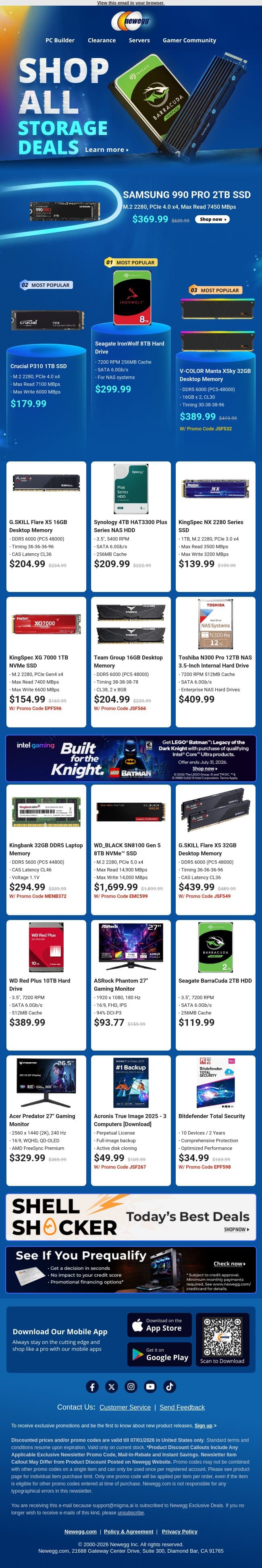 💾 Internal SSDs & Desktop Memory Picks email from Newegg screenshot