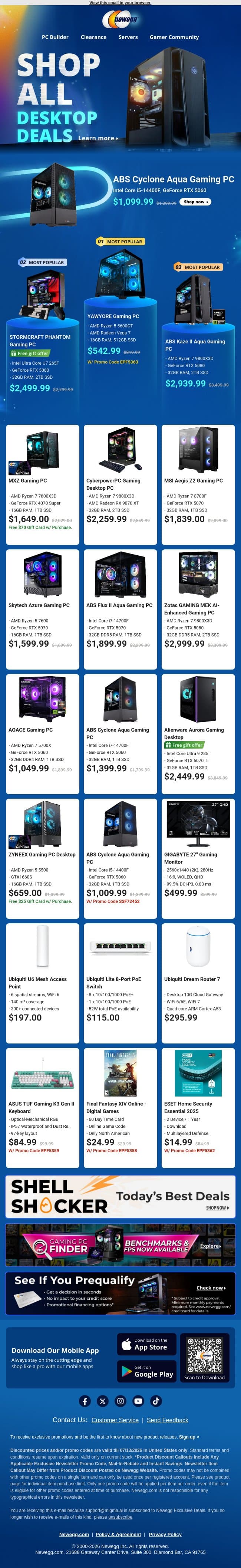 🖥️ Gaming Desktop PCs Galore! email from Newegg screenshot