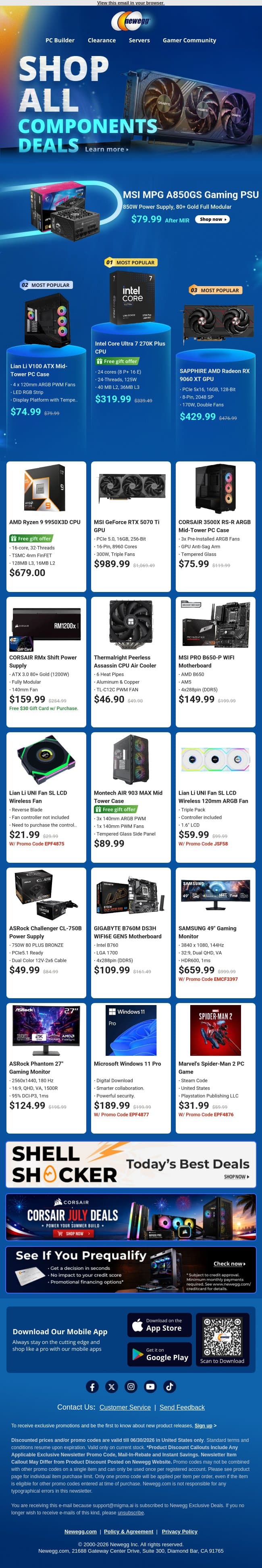 💻 Power Supplies & Desktop CPUs Spotlight! email from Newegg screenshot