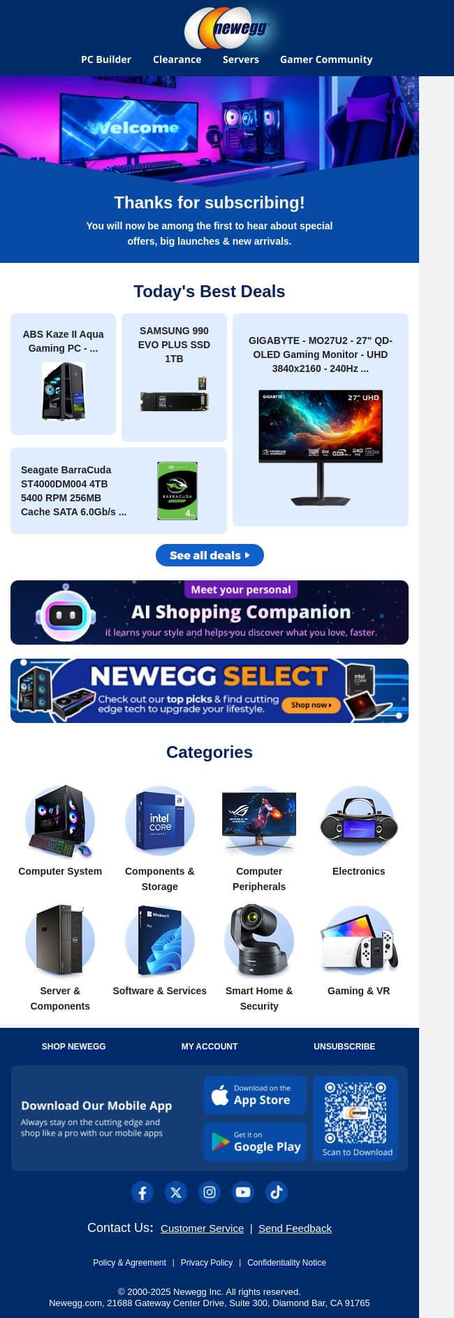 You're Now Subscribed To Newegg email from Newegg screenshot