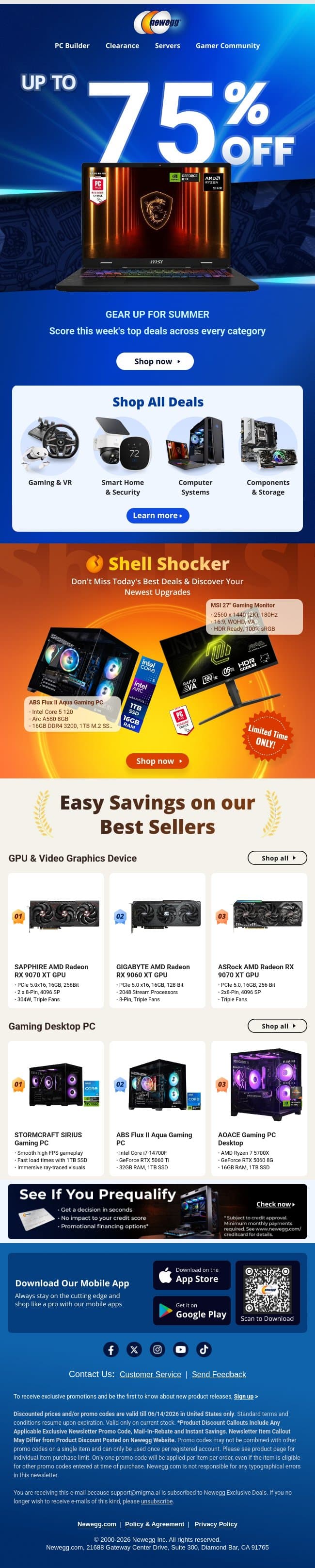 Gaming PCs starting at $569.99 - Summer Bonanza ends this weekend! email from Newegg screenshot