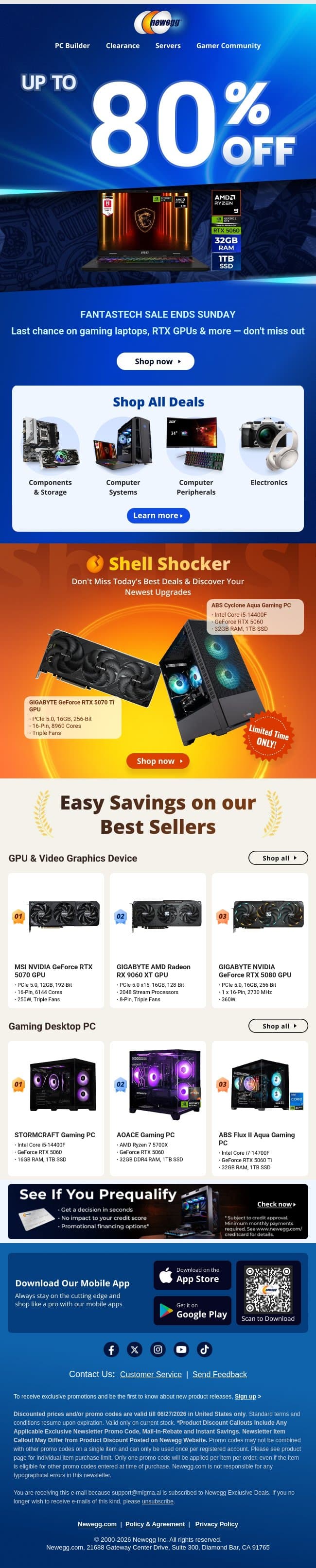 FantasTech Sale ends Sunday — up to 80% off email from Newegg screenshot
