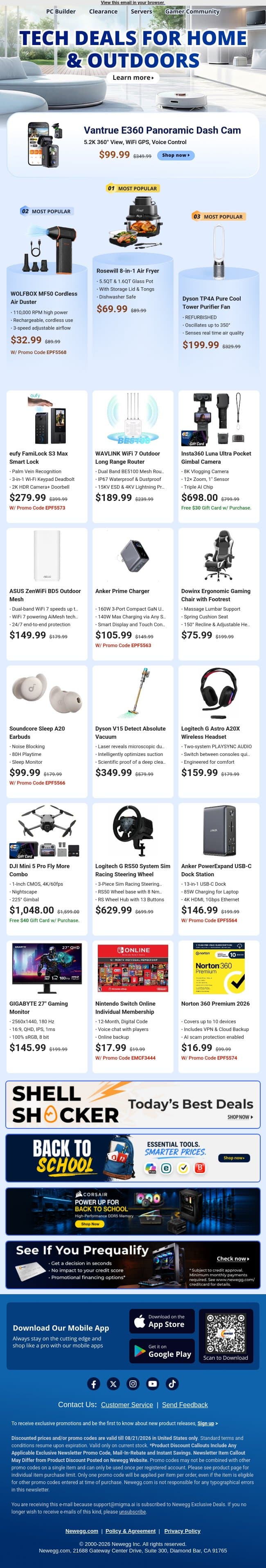 🎥 5.2K 360° Dash Cams & Wi-Fi 7 Mesh Deals email from Newegg screenshot