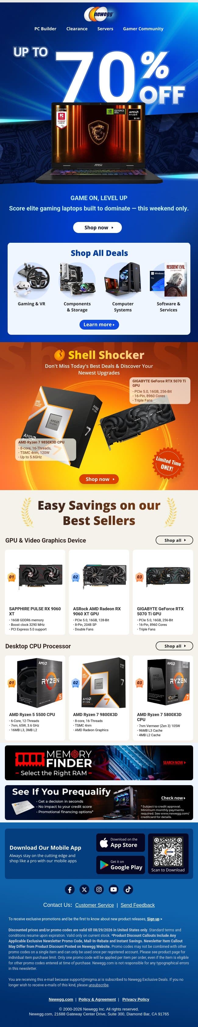 Up to 70% Off: Gamer Zone Anniversary Sale email from Newegg screenshot