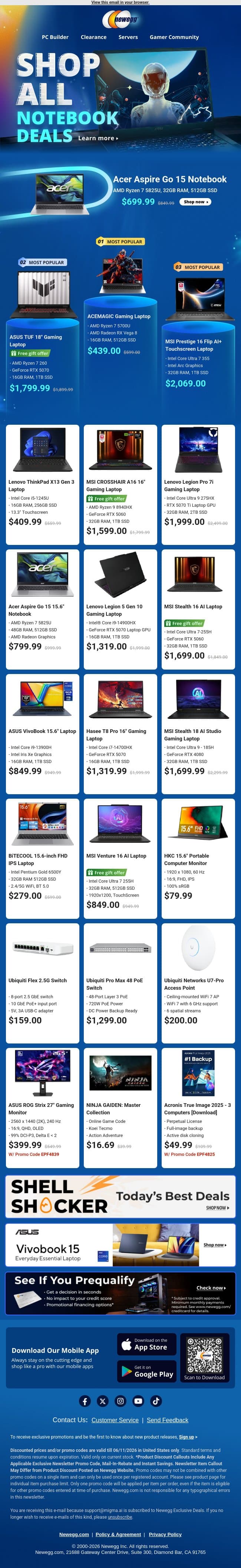 💻 Top Laptop Deals & Gaming Power! email from Newegg screenshot