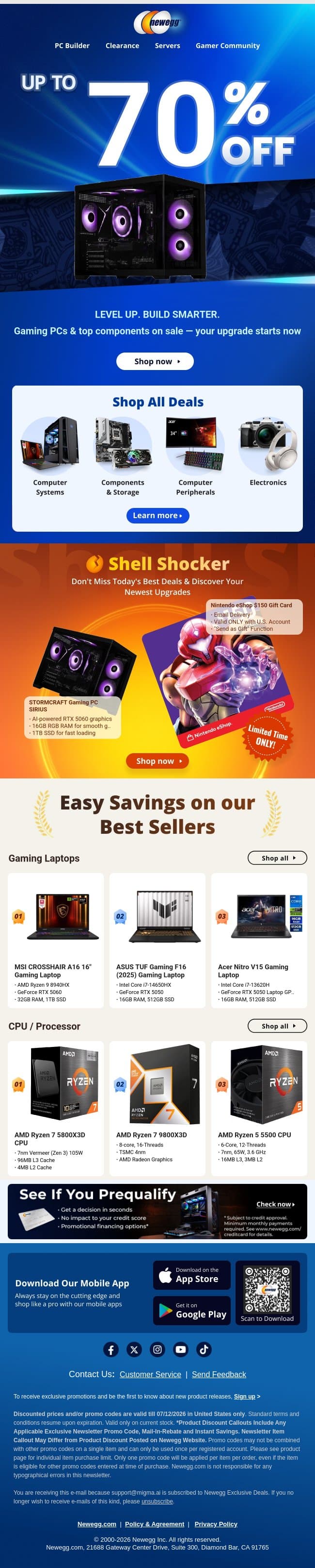 Up to 70% off — Gaming PCs, GPUs & Top Components email from Newegg screenshot