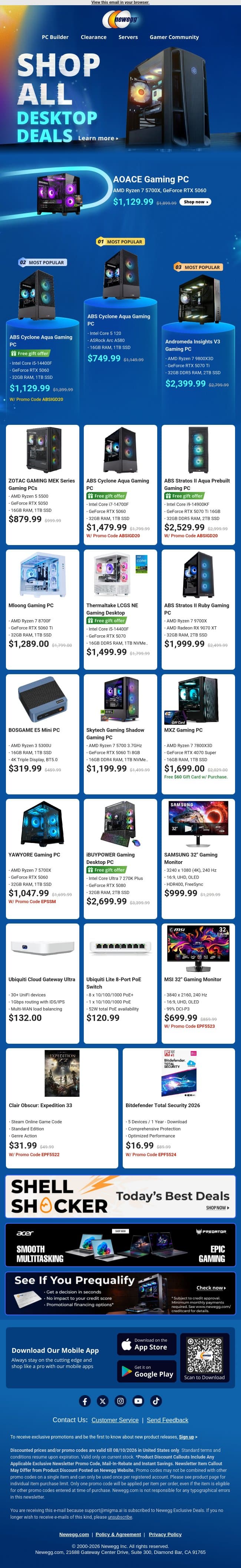 🎮 Huge Discounts on Gaming Desktop PCs! email from Newegg screenshot
