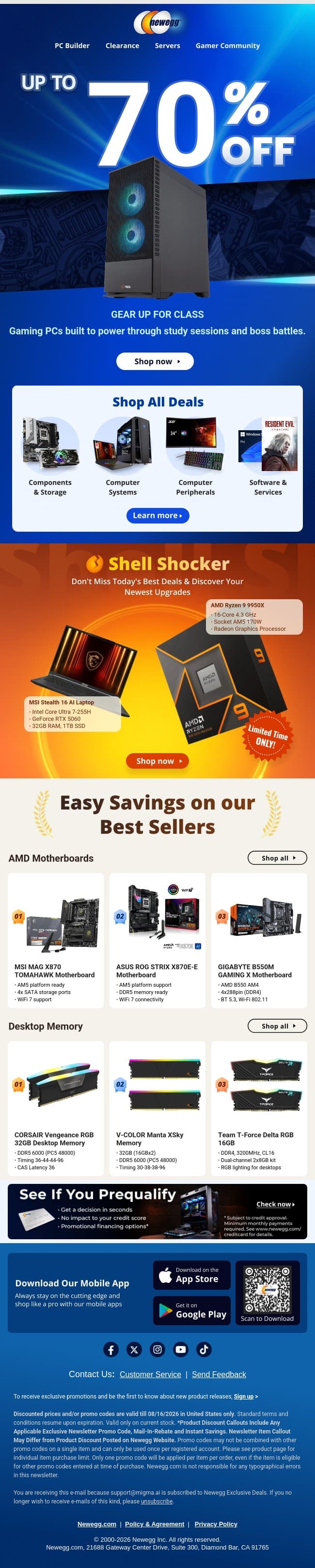 Gaming Desktops Starting at $499.99 email from Newegg screenshot