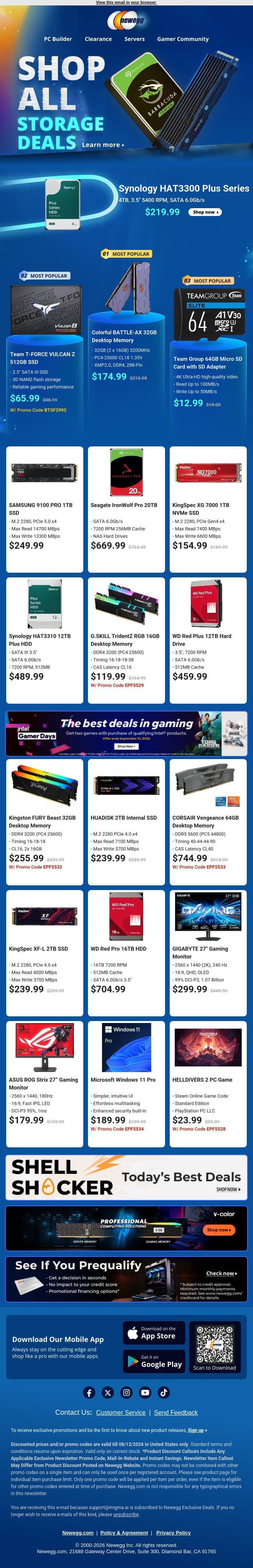 Back to School Storage Deals — Up to 43% Off SSD, HDD & Memory email from Newegg screenshot