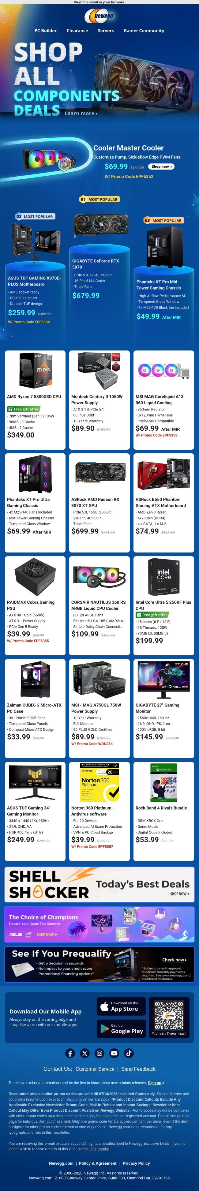 💧 Water Cooling & GPUs Galore! email from Newegg screenshot