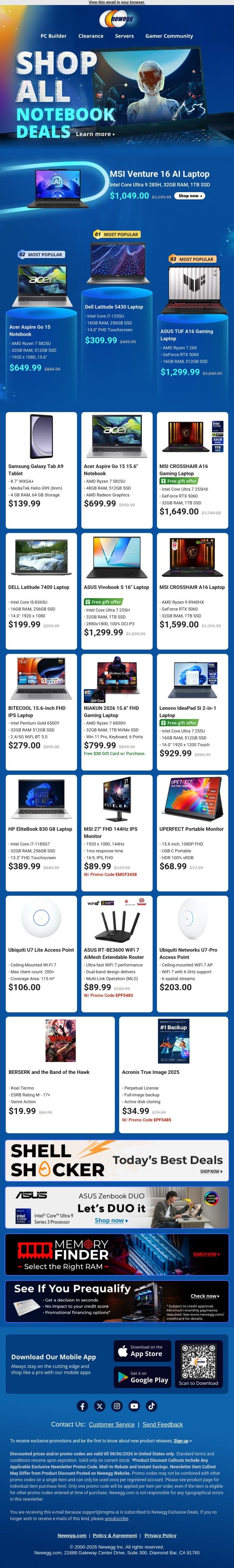 💻 Top Laptops & Gaming Laptops Available! email from Newegg screenshot