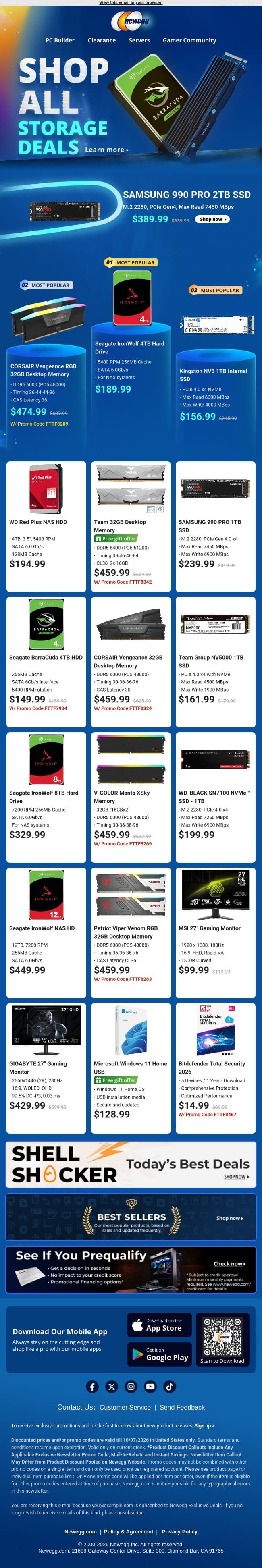 Boost Your PC with SSDs & HDDs 📀 email from Newegg screenshot