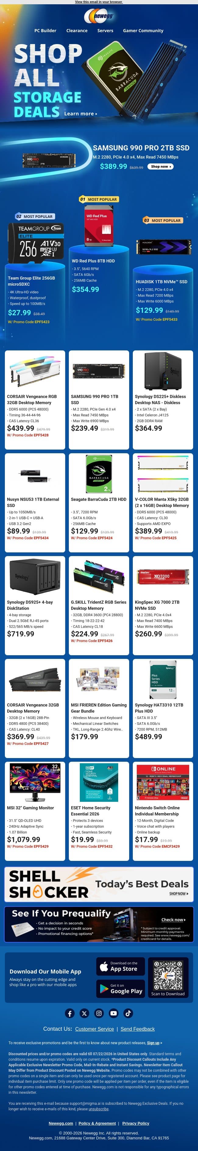 💾 Internal SSDs & Desktop Memory Top Picks! email from Newegg screenshot